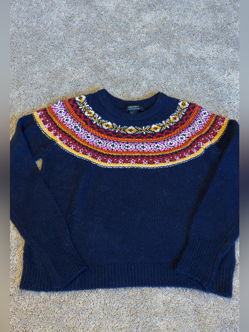 Forever 21 Navy Crewneck Sweater with Multicolor Fair Isle Yoke Women’s Small - Picture 4 of 6